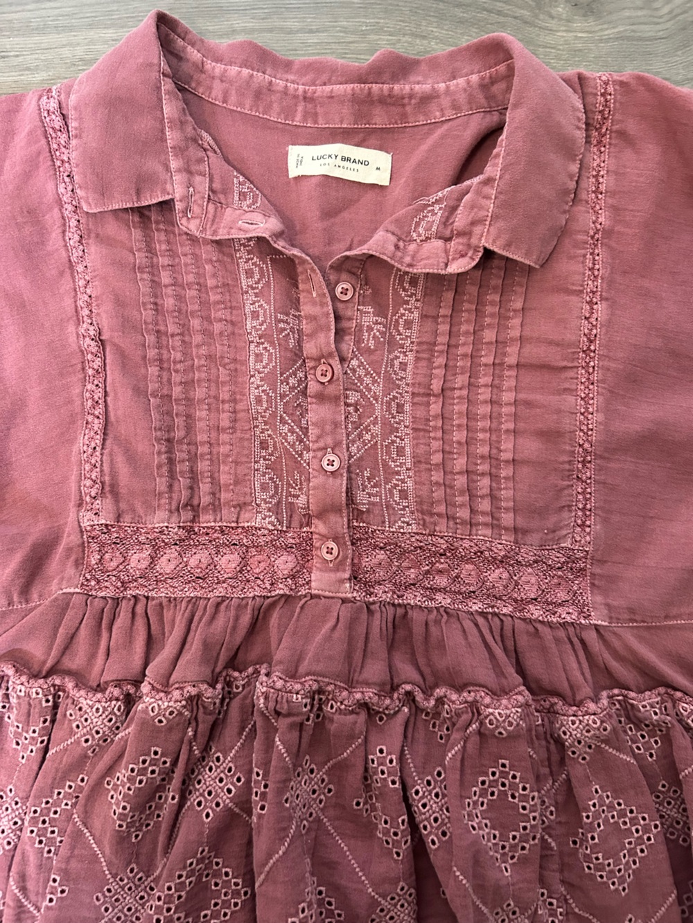 Lucky Brand Mauve Pink Embroidered Peasant Top Babydoll Top Textured Top - Picture 2 of 4